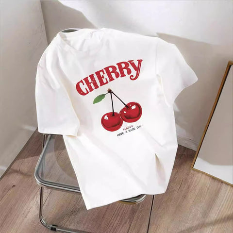 Oversized Cherry Print White Round Neck Short Sleeve