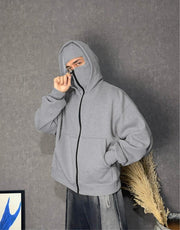 Double-layer Masked Hooded Loose Zip Men's Solid Color Hoodie