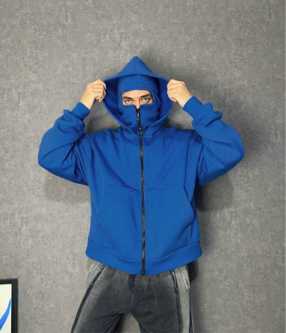 Double-layer Masked Hooded Loose Zip Men's Solid Color Hoodie