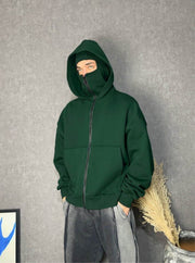 Double-layer Masked Hooded Loose Zip Men's Solid Color Hoodie