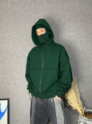 Double-layer Masked Hooded Loose Zip Men's Solid Color Hoodie