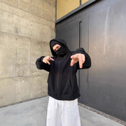 Double-layer Masked Hooded Loose Zip Men's Solid Color Hoodie