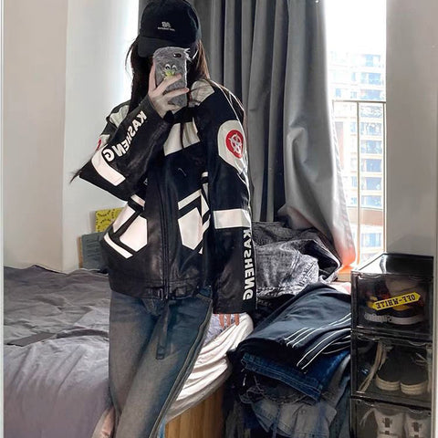 Black And White Motorcycle Baseball Jacket